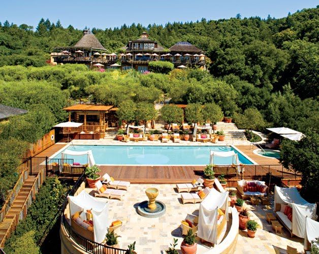 Luxury Napa Valley resort features an outdoor pool with cabanas