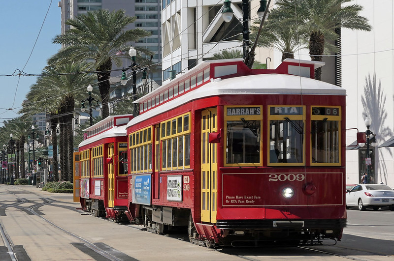 Red, vintage style streetcars in New Orleans