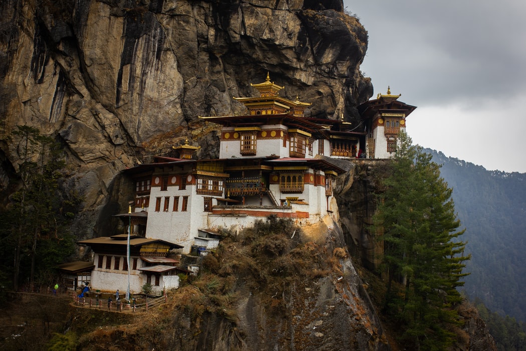 Tiger's Nest Monastery sits perched on a a cliffside in Bhutan