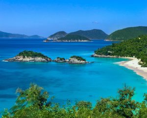 Blue ocean and green hills