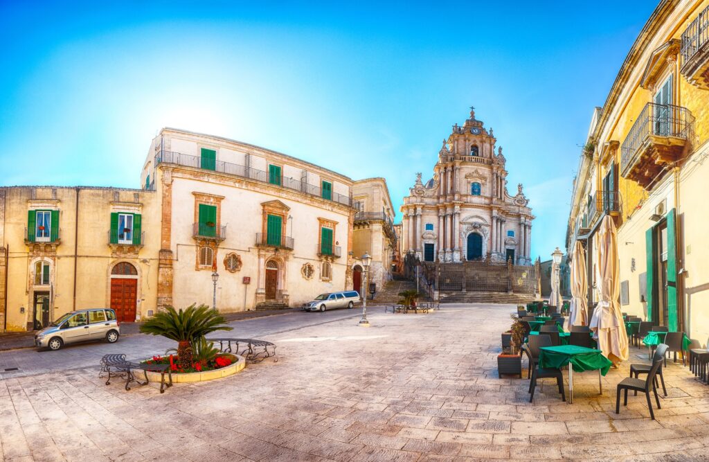 The baroque Saint George cathedral of Modica and Duomo square. Historic center builded in late Baroque Style. Ragusa, Sicily, Italy, Europe.
