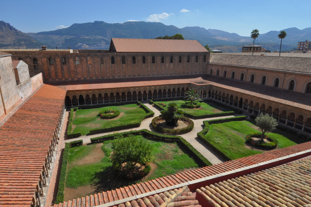 MONREALE, ITALY - CIRCA AUGUST 2017: Cloister of the Cathedral church